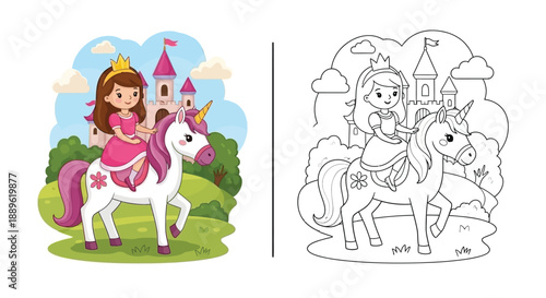 Magical Princess Riding Unicorn Near Castle Coloring Page and Colored Artwork