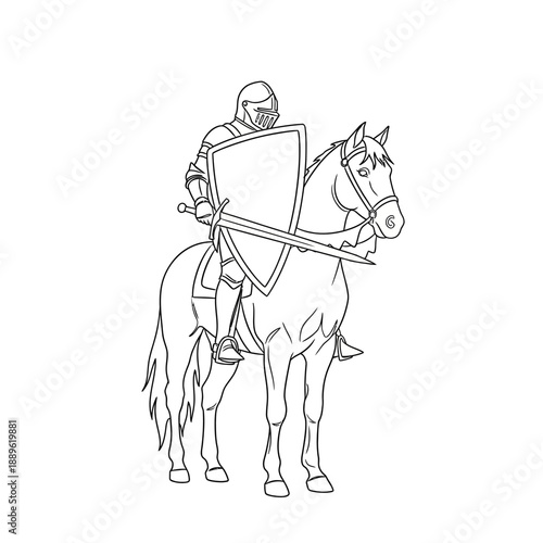 Brave Knight on Horseback with Sword and Shield Line Art.