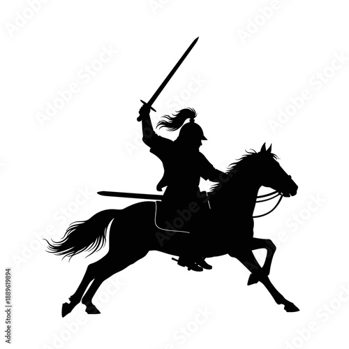 Dynamic Silhouette of a Warrior on Horseback with Sword Raised.