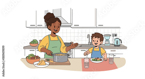 A mother and child cooking together in a modern kitchen, illustration of family bonding over meal preparation