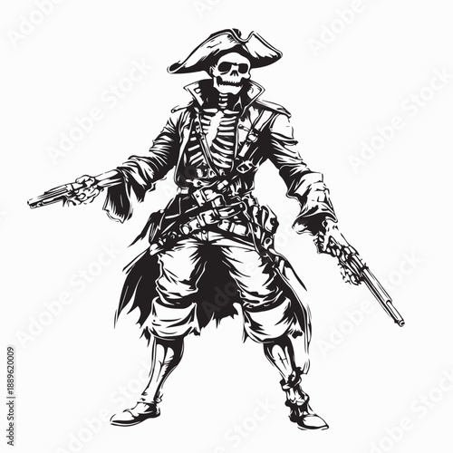 Skeleton Pirate with Gun Image Vector Isolated on White Background