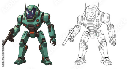 Combat Robot Illustration in Color and Sketch Versions With Futuristic Weapons