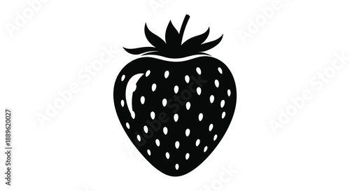A striking black silhouette of a ripe strawberry with visible seeds and leafy top creating a bold graphic image silhouette