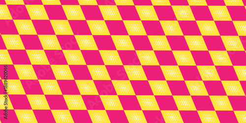 Seamless colorful harlequin diamond pattern in pink, yellow, bold geometric background inspired by circus and retro style.