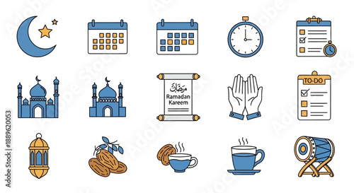 Ramadan icons collection featuring mosque, prayer, fasting, crescent, and traditional elements in a clean and simple design.