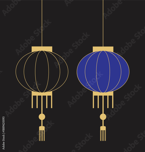 Elegant traditional asian lanterns suspended against a deep black background featuring one striking royal blue and one sophisticated black lantern with golden accents evoking a sense of cultural