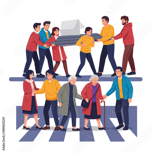 Diverse group of people helping each other carry a large object across a pedestrian crossing
