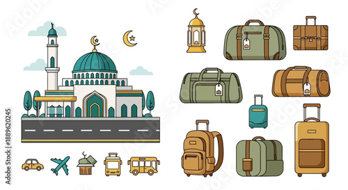 Traveling to a sacred site with luggage and cultural symbols, viewed from a distance, illustrating journey and heritage