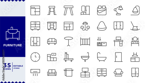 Pixel Perfect, Furniture Line Editable Icons set Vector illustration in modern thin line style of furniture and decor related icons: upholstered, cabinet 