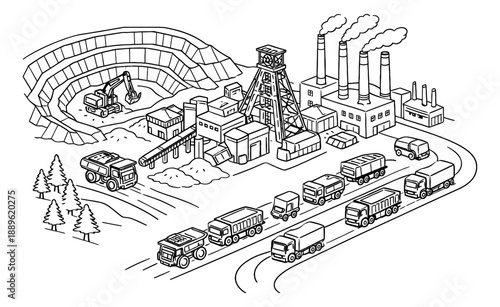 Hand drawn line art illustration of a mining operation depicting industrial activity for resource extraction
