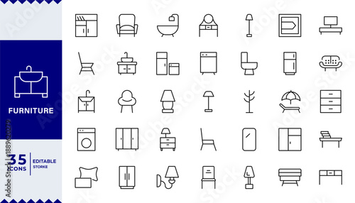 Pixel Perfect, Furniture Line Editable Icons set Vector illustration in modern thin line style of furniture and decor related icons: upholstered, cabinet 