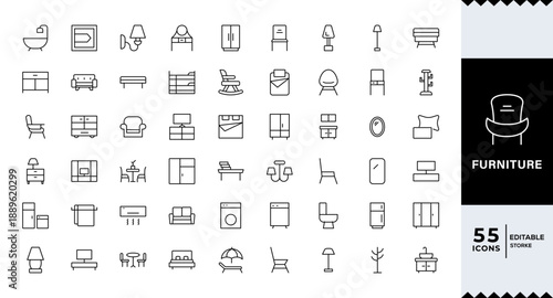 Pixel Perfect, Furniture Line Editable Icons set Vector illustration in modern thin line style of furniture and decor related icons: upholstered, cabinet 