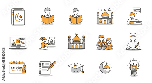 Collection of orange and gray icons representing education and spirituality in a modern digital context from an overhead viewpoint