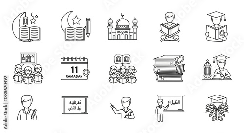 Collection of education and graduation icons in line art style, featuring academic and celebratory symbols, displayed on a plain background from a straightforward viewpoint.
