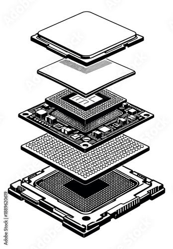 Line art illustration of a computer processor depicting an exploded view of its internal components for computing technology concepts