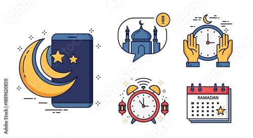 Ramadan icons collection featuring crescent, mosque, prayer, alarm, and calendar illustrations symbolizing fasting and spiritual practices