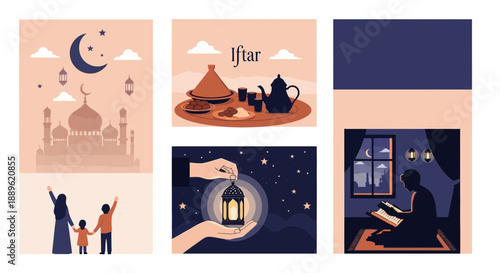 A serene Ramadan scene depicting iftar, prayer, and contemplation under the night sky with crescent moon and lanterns