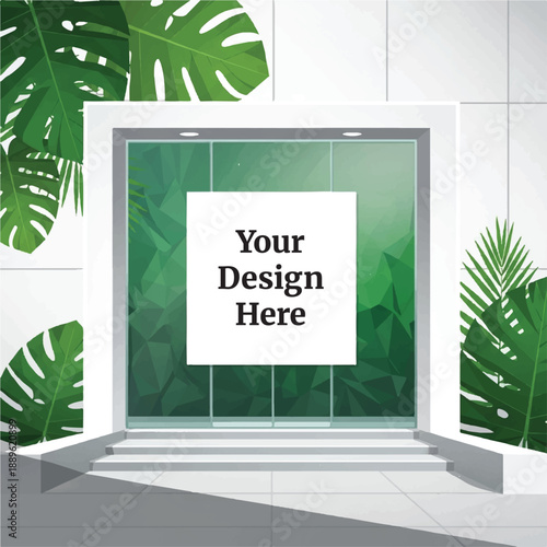 Modern glass building entrance mockup with tropical foliage background and abstract geometric patterns.