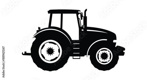 A stark black silhouette of a modern agricultural tractor showcasing its robust design and mechanical features silhouette high quality professional detailed