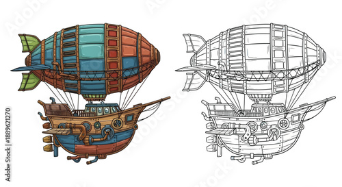 Steampunk Airship Design Illustration and Coloring Page Template for Fantasy Fun