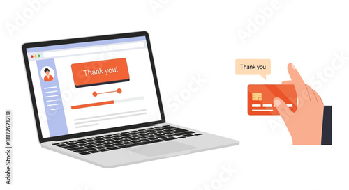 A hand holding a credit card near a laptop displaying a payment confirmation screen with a thank you message on a digital interface.