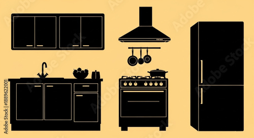 Kitchen interior design elements silhouette illustration.