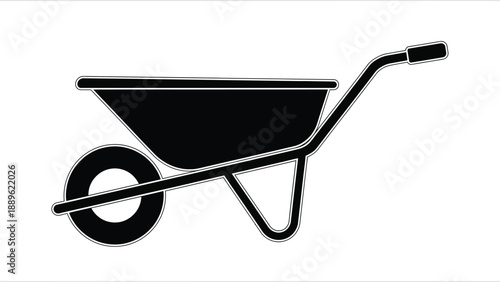 A simple black graphic depicts a classic wheelbarrow showcasing a bold minimalist design silhouette high quality professional detailed modern elegant stylish