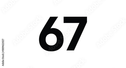 A bold black graphic representation of the number sixty seven dominates a plain white background visually striking and simple