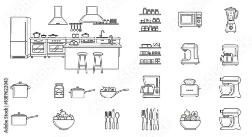 Kitchen interior design sketch with appliances and utensils.