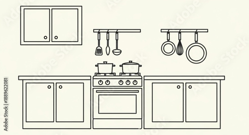 Kitchen interior illustration with cabinets stove and utensils.