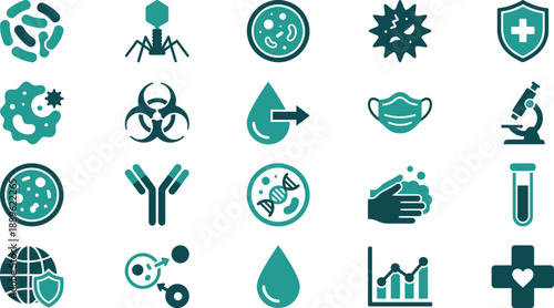 Collection of medical and scientific icons representing various health and technology concepts in a grid layout from a straightforward viewpoint