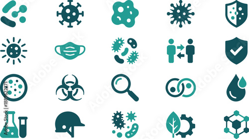 Modern Vector Icon Collection Illustrating Microbiology, Viruses, Bacteria, and Scientific Health Concepts for Research and Protection Against Disease