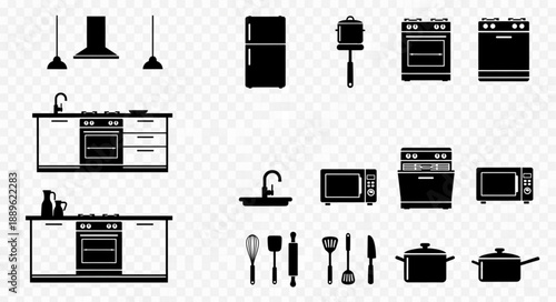 Kitchen Appliances and Utensils Silhouette Collection.