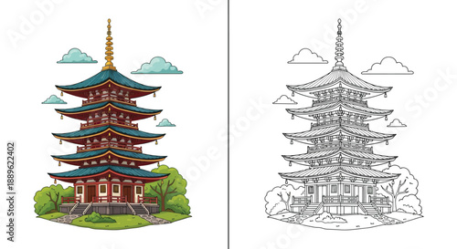 Traditional Japanese Pagoda Architecture Illustration in Color and Black and White