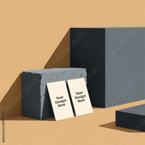 Modern business card mockup featuring two vertical cards leaning against a concrete block, casting deep shadows on a warm minimalist background, ideal for elegant branding display