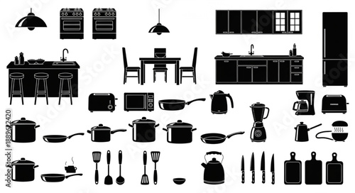 Kitchen Appliances and Utensils Silhouette Collection.
