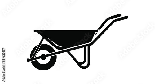 A simple black silhouette depicts a classic wheelbarrow showcasing a gardening tool in a minimalist style silhouette high quality professional detailed