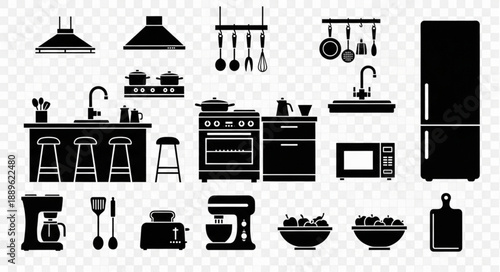 Kitchen Appliances and Utensils Silhouette Collection.