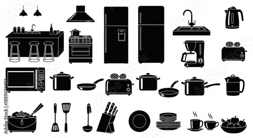 Kitchen Appliances and Utensils Silhouette Collection.