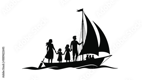 Silhouette of a family sailing together on a boat, representing adventure and unity.