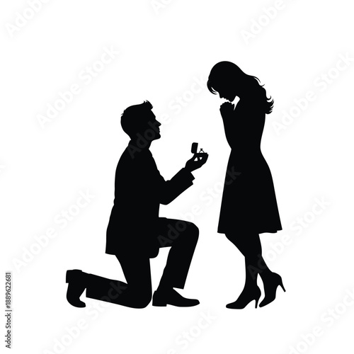 Wedding proposal silhouette showing man on knee holding ring for woman under white background isolated vector illustration for engagement announcement wedding invitation design romantic concept art