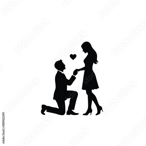 Kneeling man proposing marriage to woman with heart symbol silhouette isolated on white background vector illustration for romantic design projects engagement greeting cards wedding invitations art