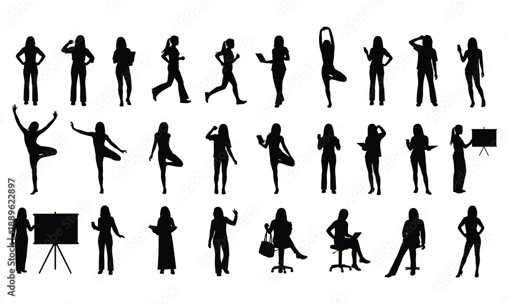 Fototapeta premium Woman Silhouette Vector Collection, Female Business and Casual Poses, Elegant Female Outlines for Design, Presentation, and Creative Projects