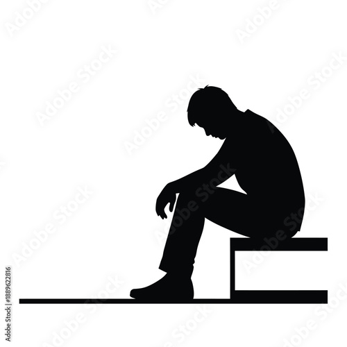 Man sitting on steps looking down in sad and depressed silhouette on white background expressing loneliness and despair perfect for mental health concepts