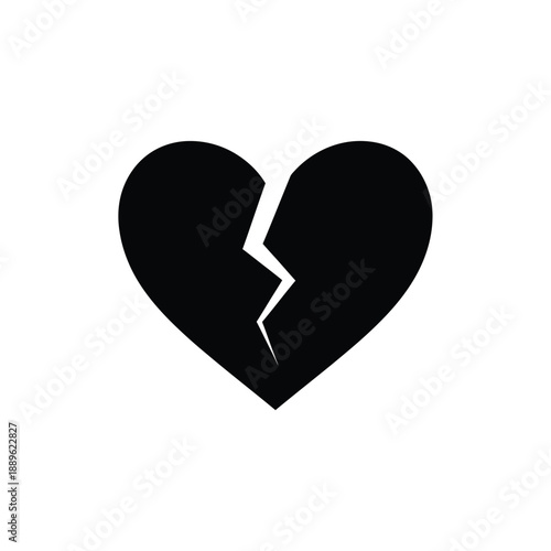 Broken heart icon black solid style symbol for divorce, breakup, relationship problems, and emotional pain on a clean isolated white background