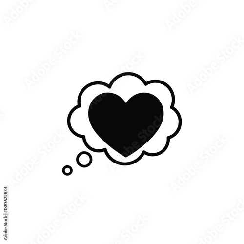 Heart in speech bubble black icon isolated on white background with thought cloud and three small circles perfect for communication and emotion graphics