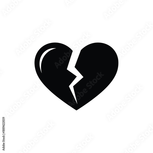 Broken heart icon with a subtle glossy effect black solid style symbol for divorce, breakup, and emotional pain on a clean isolated white background