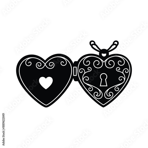 Open heart shaped locket with intricate swirling patterns and keyhole symbol inside representing secrets hidden love protection and precious memories a vintage style accessory in black and white