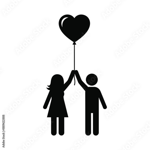 Couple holding heart balloon silhouette icon vector for valentines day romantic date and love concept isolated on white background minimalist stick figure design for anniversary and wedding card