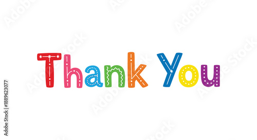 A vibrant and colorful depiction of the words thank you in a playful decorative font style is shown